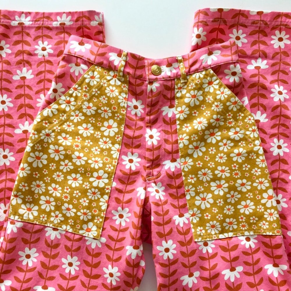 Big Bud Press - Lazy Daisy Print - Mismatched Work Pants - Pink/Yellow - XS